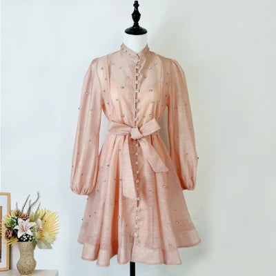 French Luxury Crystal Beaded Wedding Prom Mesh Dress Women Stand Long Lantern Sleeve Diamond Buttons Belt Lace Up Mini Vestidos lotus root starch