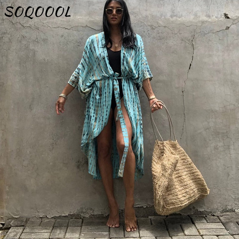 Sexy Bikini Cover-ups Summer Beach Pareo Stripes Loose Kimono Swimsuit Dress Beachwear Boho Bathing Suit Cover Up