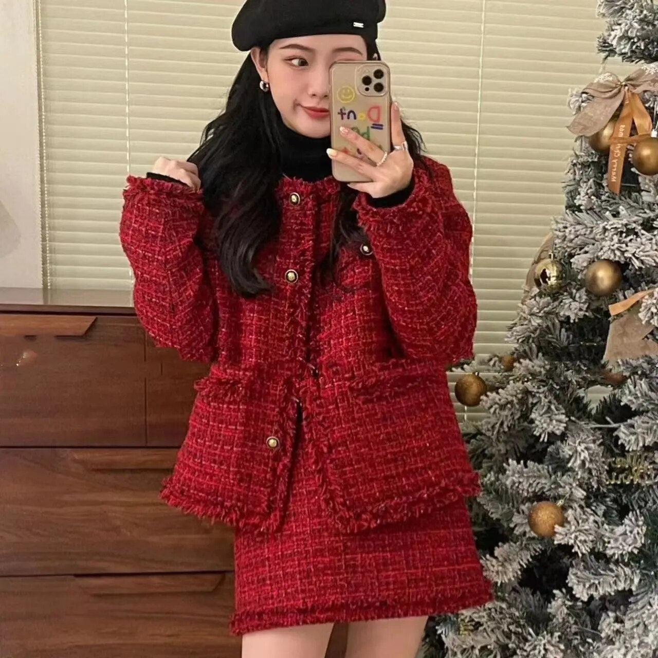 Women Elegant Vintage Tweed Fragrant Suit Jacke Coat Top And Skirt Two Piece Set Green Outfit Winter Jacquard Party Clothing Picture 7