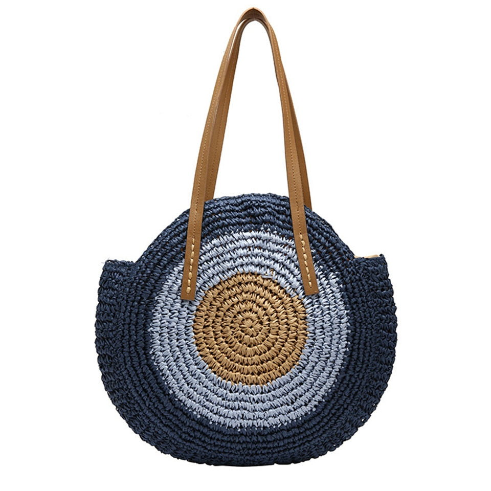 Summer Straw Handbag Wooden Handle Large Capacity Paper Rope Woven Straw Bag 2024 New Fashion Summer Vacation Travel Beach Bag blue22