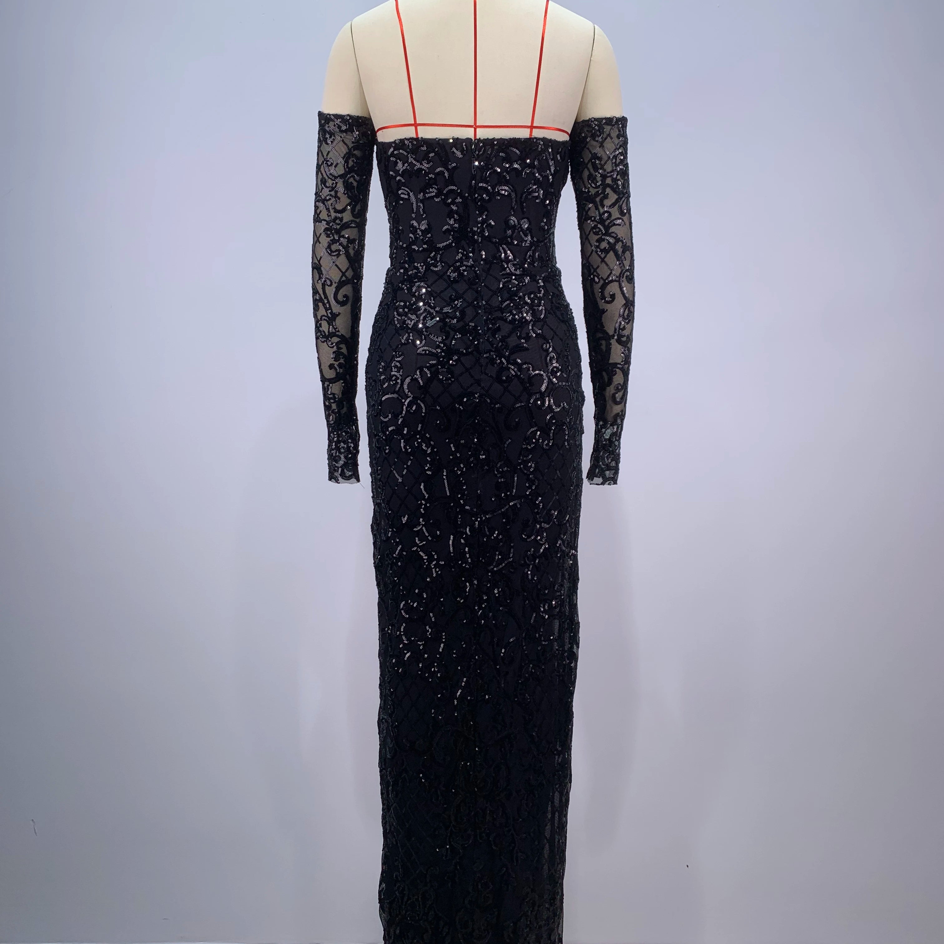 2024 Black Color Women Sexy Shinning Sequins High Split Bodycon Long Dress Gloves Celebrate Evening Party Prom Dress
