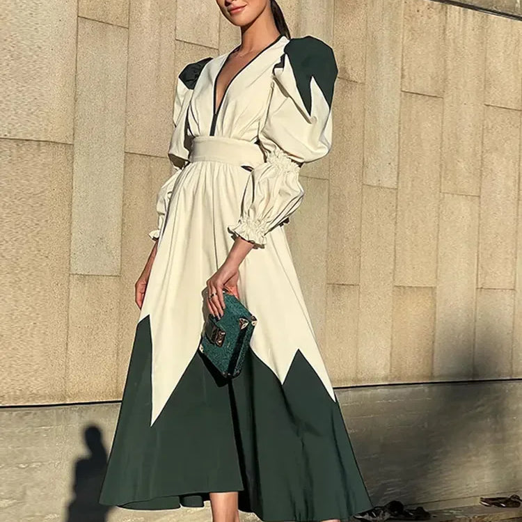 Loose Puff V Neck Backless Printed Maxi Dress Woman Casual Lace Up Lantern Sleeve Robe New Ladies Chic High Street Vestidos