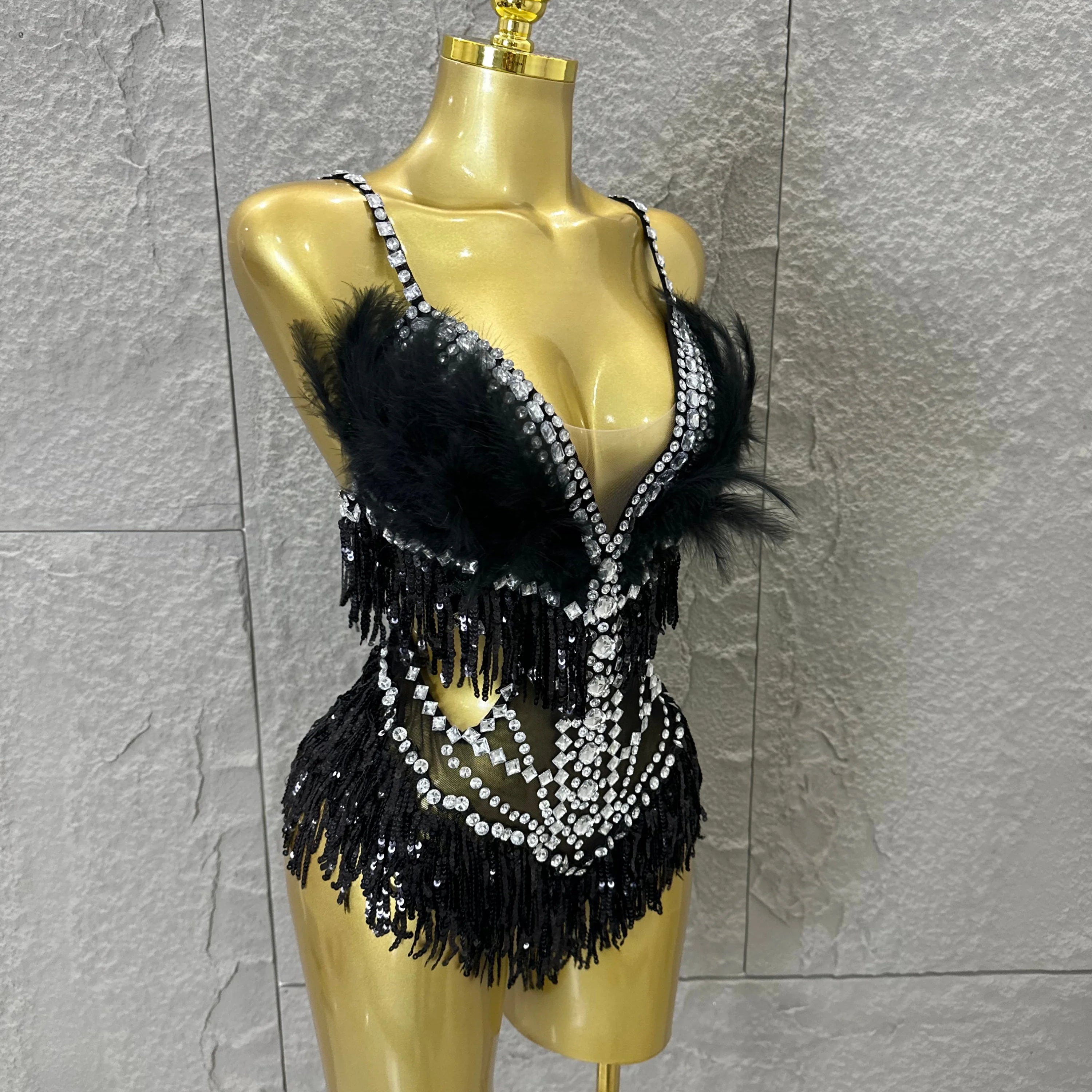 Luxurious Sheer Mesh Bodysuit Women Sexy Crystal Embellished Feather Fringe Trim Spaghetti Strap Outfit Stage Performance Outfit