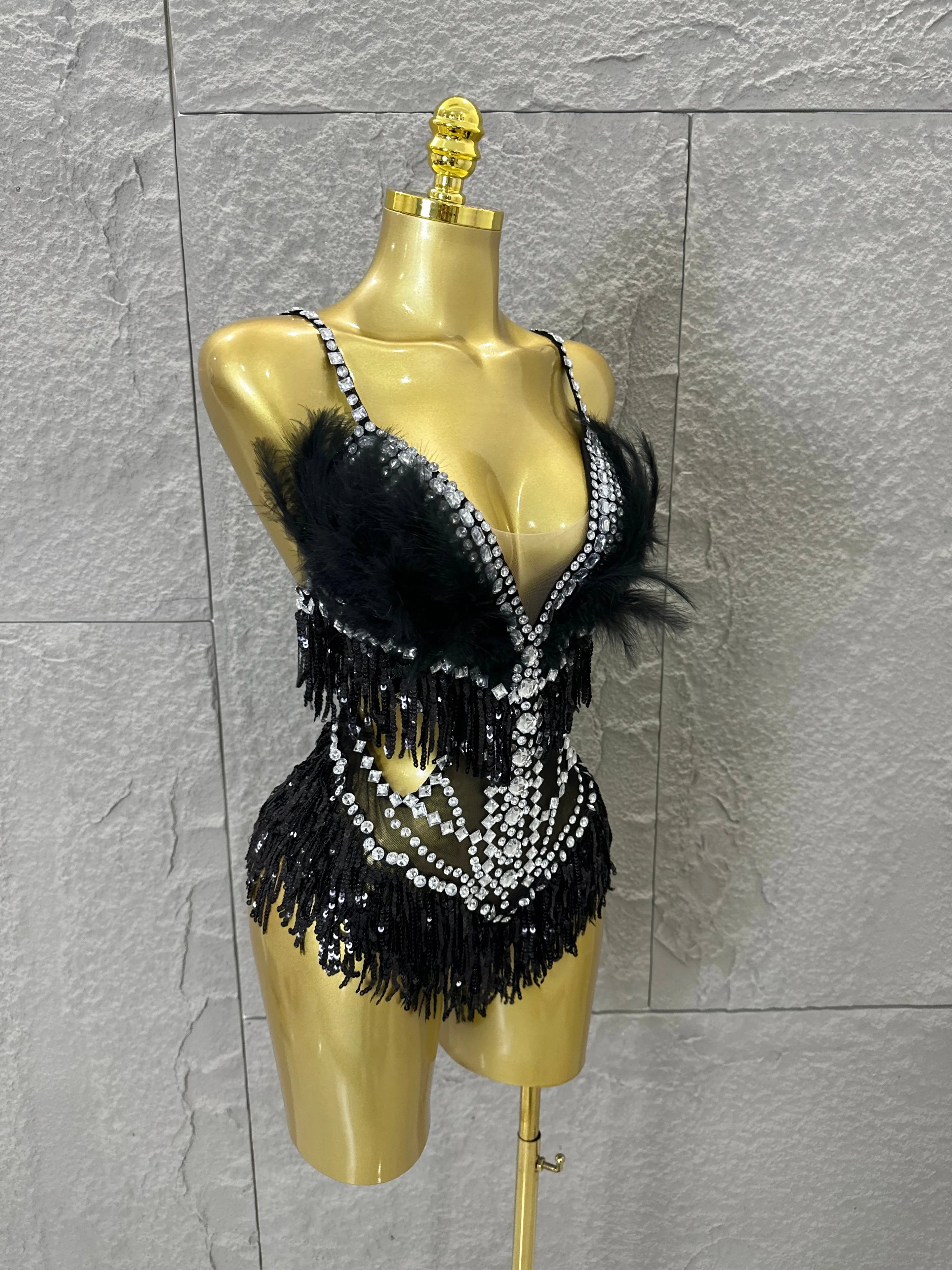 Luxurious Sheer Mesh Bodysuit Women Sexy Crystal Embellished Feather Fringe Trim Spaghetti Strap Outfit Stage Performance Outfit
