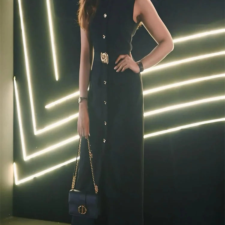 Elegant Split Women 's Maxi Dress O-neck Sleeveless Single Breasted Waist Cinching Pocket Female Dressess Summer Lady Vestidos