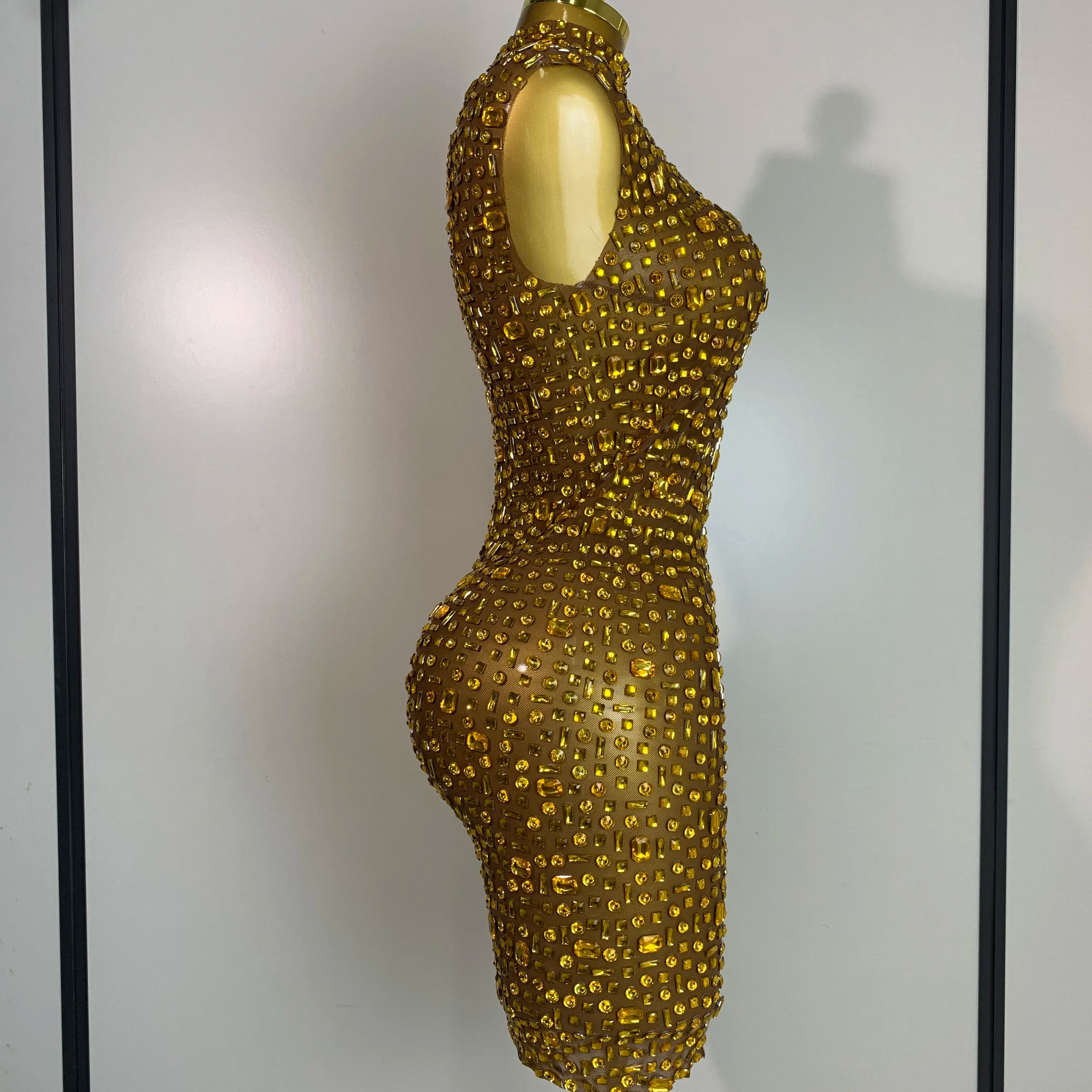 Women Luxury Gold Rhinestone Sexy Mesh Short Dress Sparkly Stage Costume Elegant Party Birthday Dresses Nightclub Singer Outf