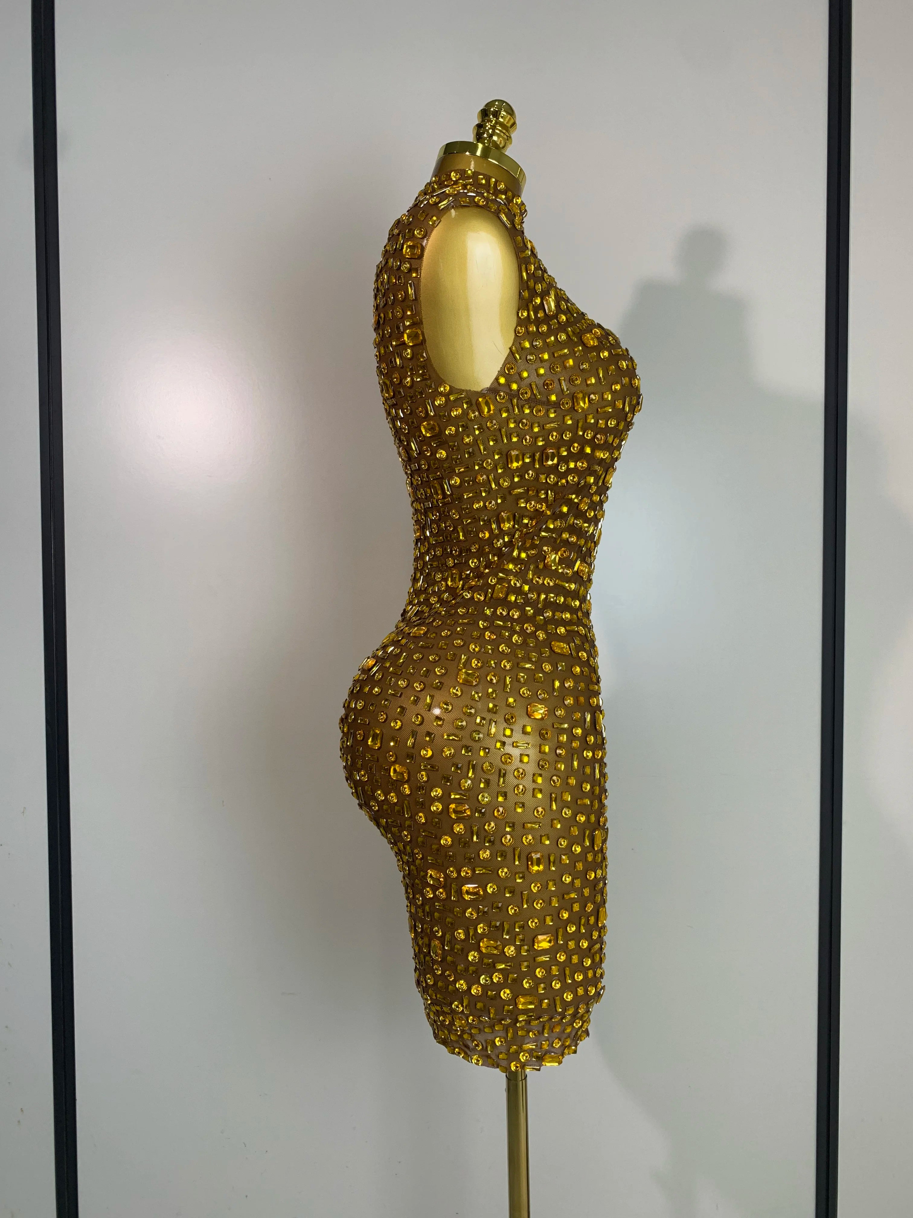 Women Luxury Gold Rhinestone Sexy Mesh Short Dress Sparkly Stage Costume Elegant Party Birthday Dresses Nightclub Singer Outf