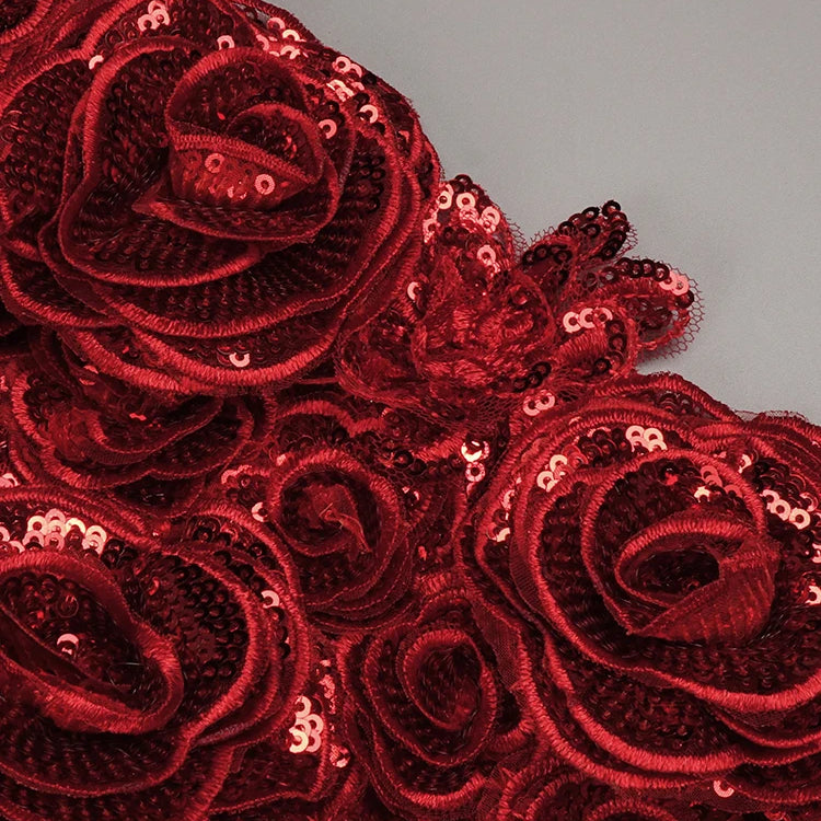 Red Structured Flower Boned Bodice Christmas Long Dress For Women Long Sleeves Sequins Mermaid Party Evening Gown