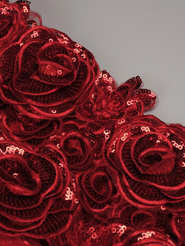 Red Structured Flower Boned Bodice Christmas Long Dress For Women Long Sleeves Sequins Mermaid Party Evening Gown