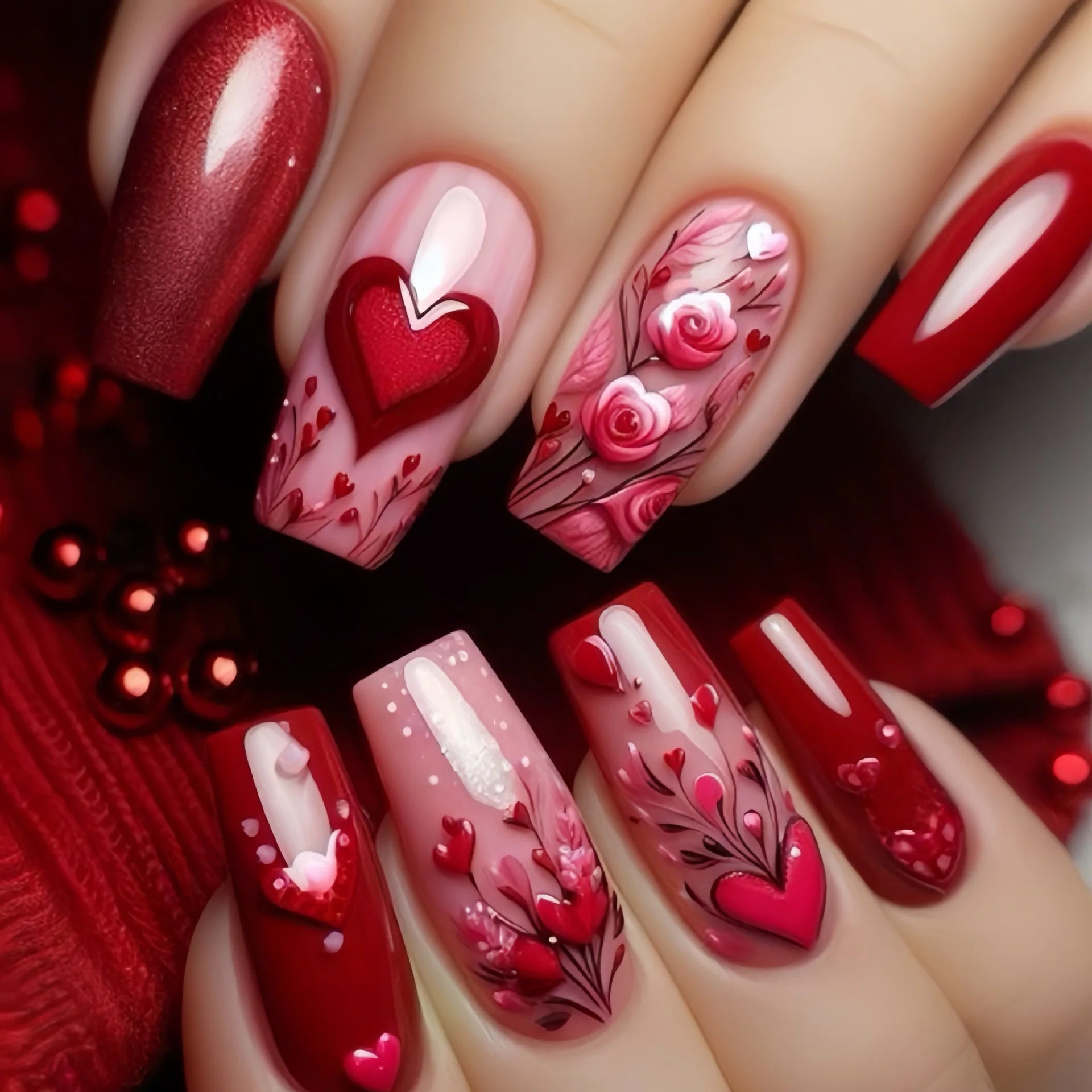 24Pcs Mid-length Ballet Press on Nails Red Valentine's Day Design Fake Nails Love Rose Pattern Nail Tips Wearable False Nail Art 511