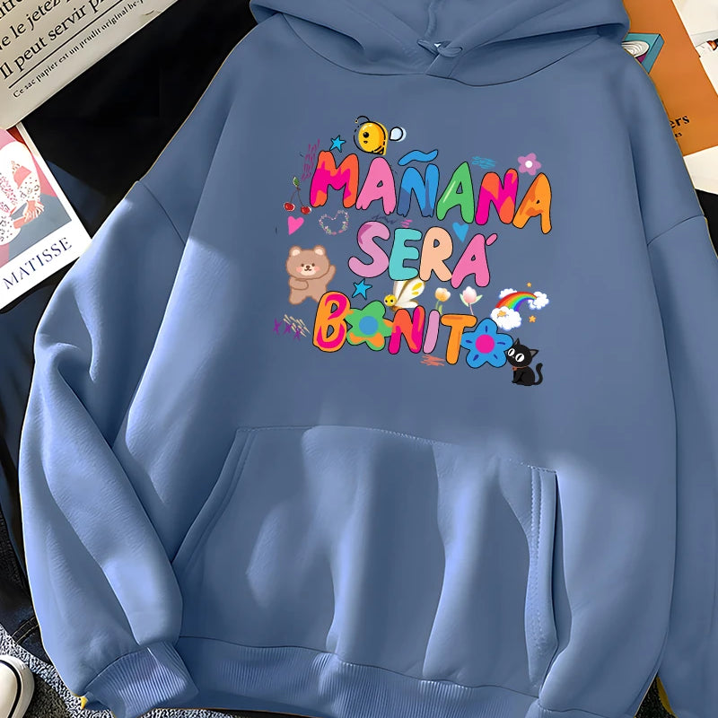 Rainbow Letter Print Women Sweatshirt Soft Warm Casual Female Hoodies Autumn Loose Fleece Tops for Girls Blue