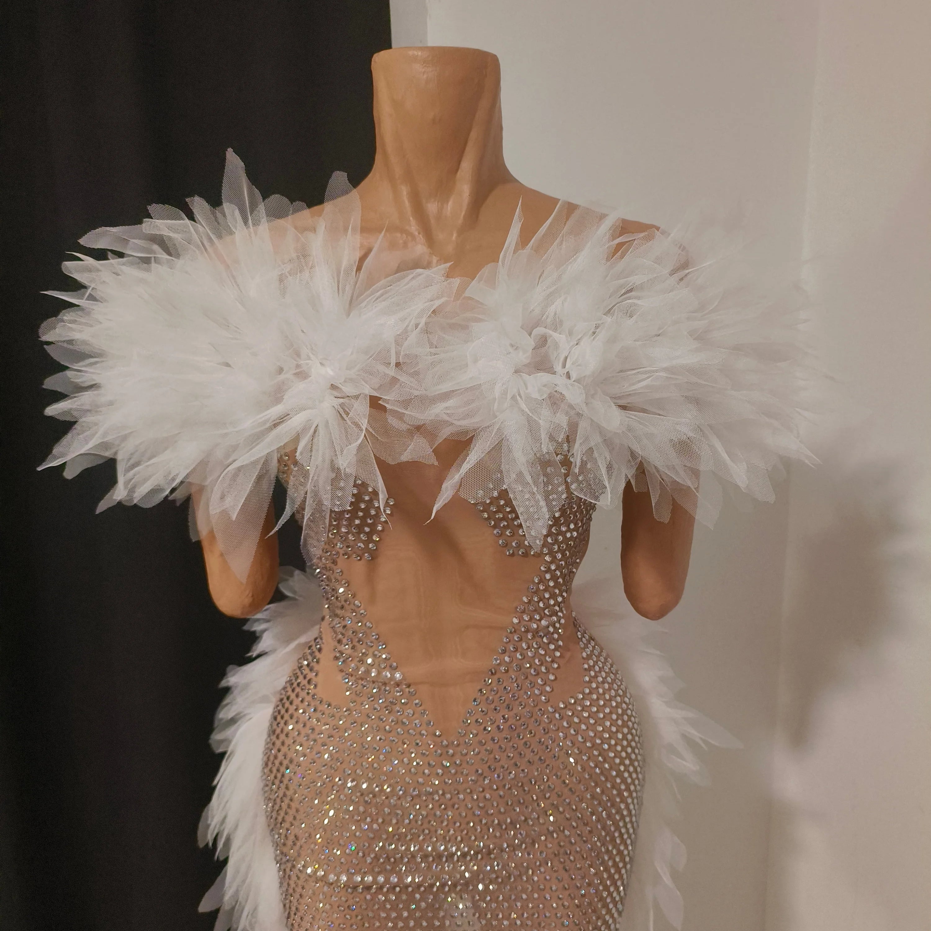 Bridal Shower Nightclub Birthday Party Dress Elegant Lace White Crystal Rhinestone Sheer Illusion Neck Tulle Mesh Mini Dress