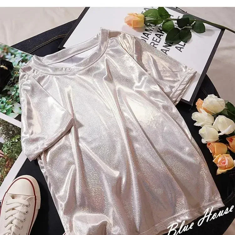 S-5XL Womens Sparkly Shiny Metallic Holographic Round Neck Short Sleeve Casual Loose Top Festival Party Tee Shirt Female Clothes APRICOT
