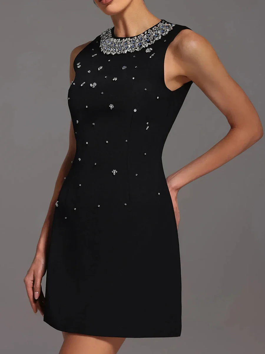 Solid Slimming Spliced Bead Luxurious Mini Dresses for Women Round Neck Sleeveless Temperament Dress Female Fashion