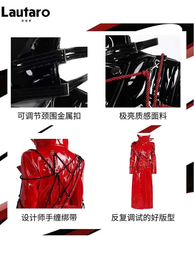 Lautaro Spring Long Cool Shiny Reflective Hard Patent Pu Leather Coat for Women Belt Luxury Designer Punk style Lace Up Clothes