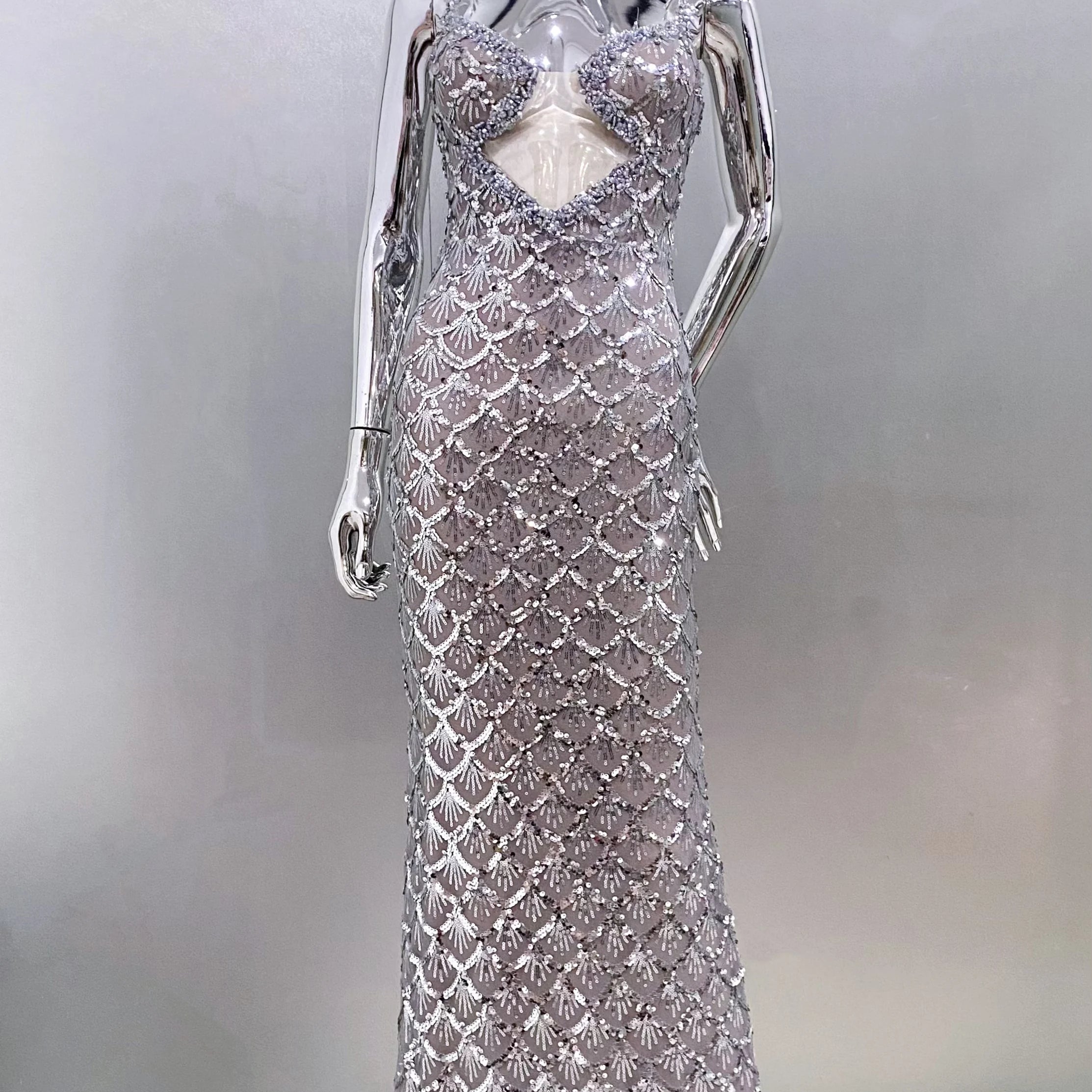 Sparkling Sliver Sequins Sexy V-Neck Spaghetti Strapless Floor Length Dress Graceful Evening Dress Celebrity Party Outfit