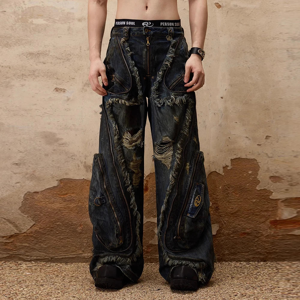 Colorblock Fashion Spliced Zipper Chic Loose Pants for Women Patchwork Hollow Out Pant Female High Street Style New DARK BLUE