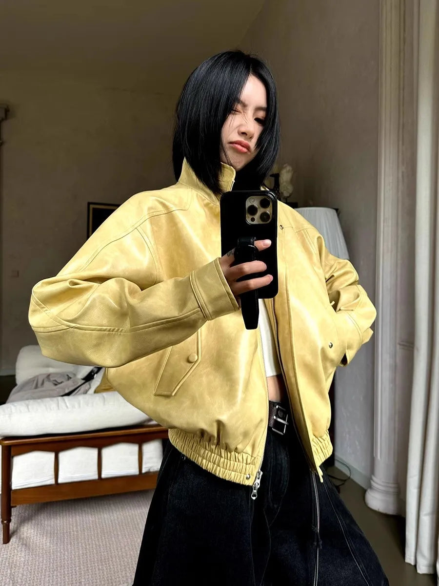 Lautaro Autumn Cool Short Oversized Distressed Yellow Pu Leather Jacket Women Zipper High Quality American Retro Unisex Clothes Yellow