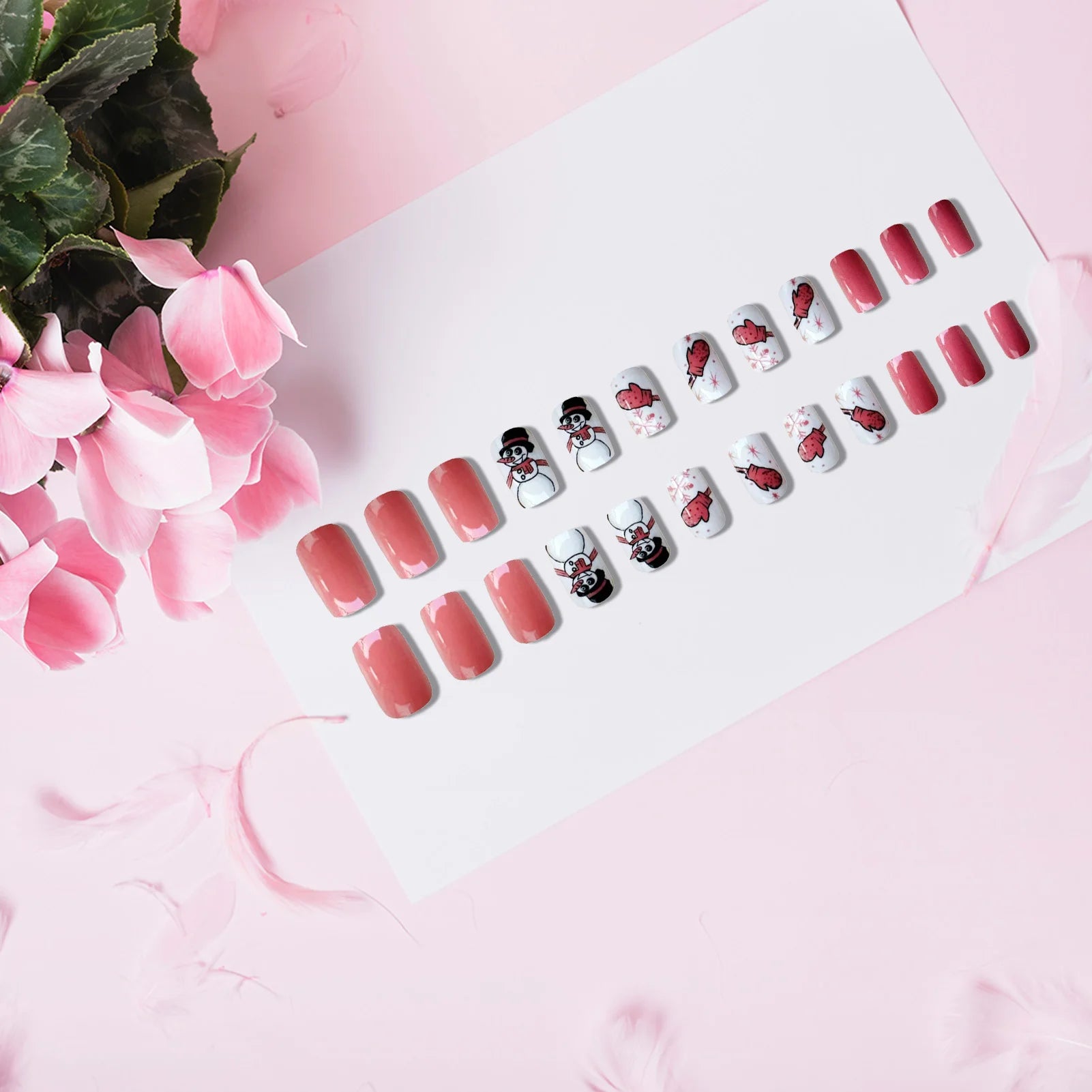 Short Square Fake Nails for Christmas Party 24Pcs White/Pink Press On Nails Snowman/Snowflake Printed Stick-on False Nails