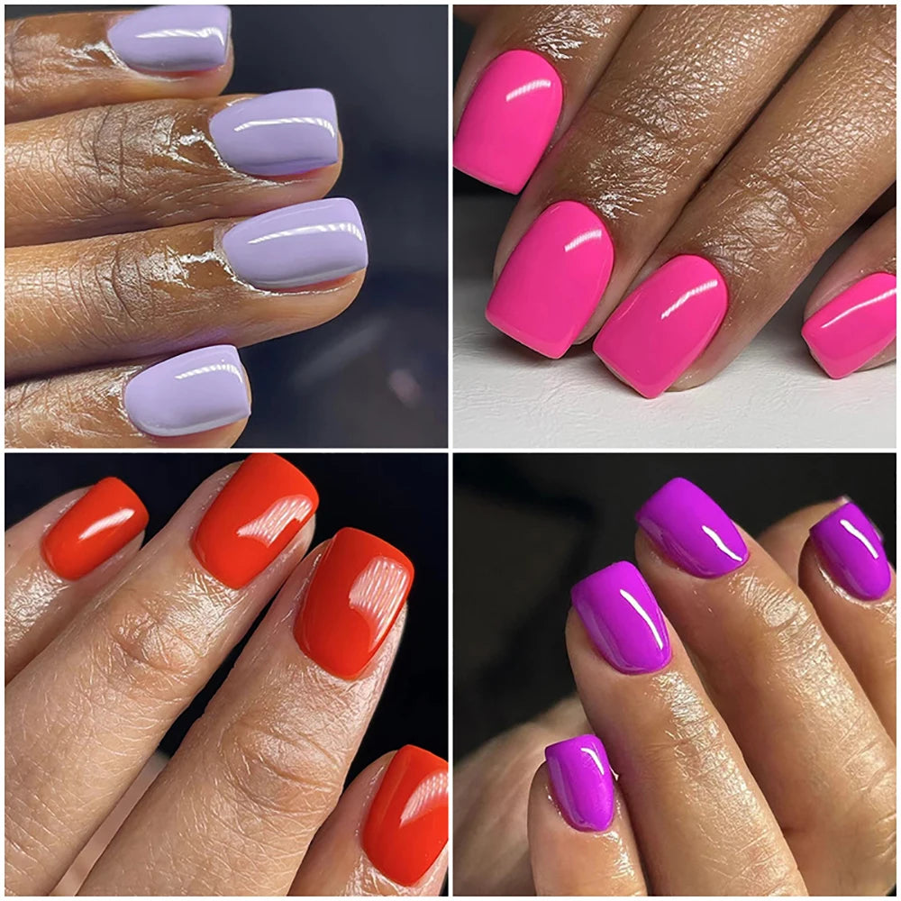 96pcs/set short square fake nails glossy summer 4 colors pink red purple green blue faux ongles press on charm false nail kit 1205