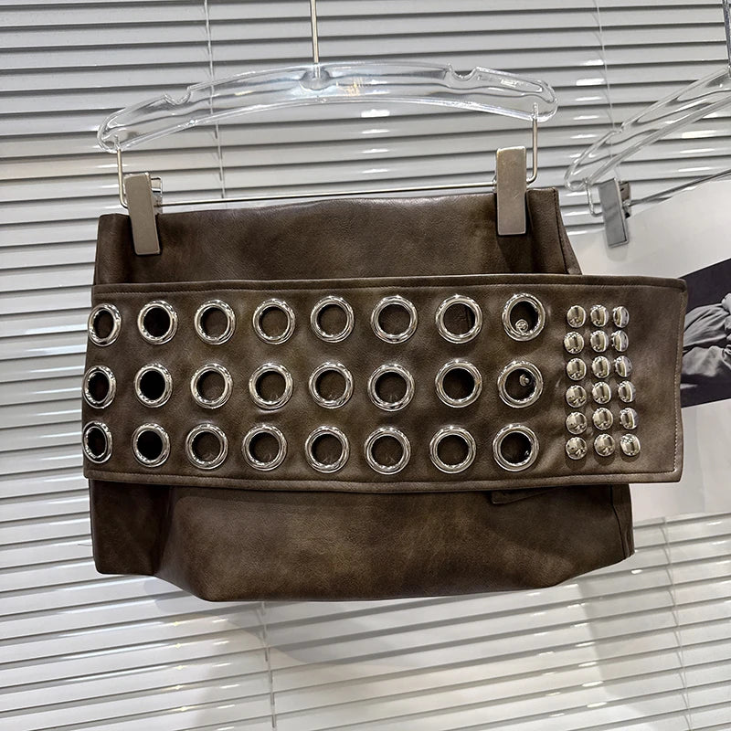 Winter New Fashion Style Back Bandage Design Furry Halter Neck Strap For Women Ring PU Leather Short Skirt 11A07894 only Brown Skirt