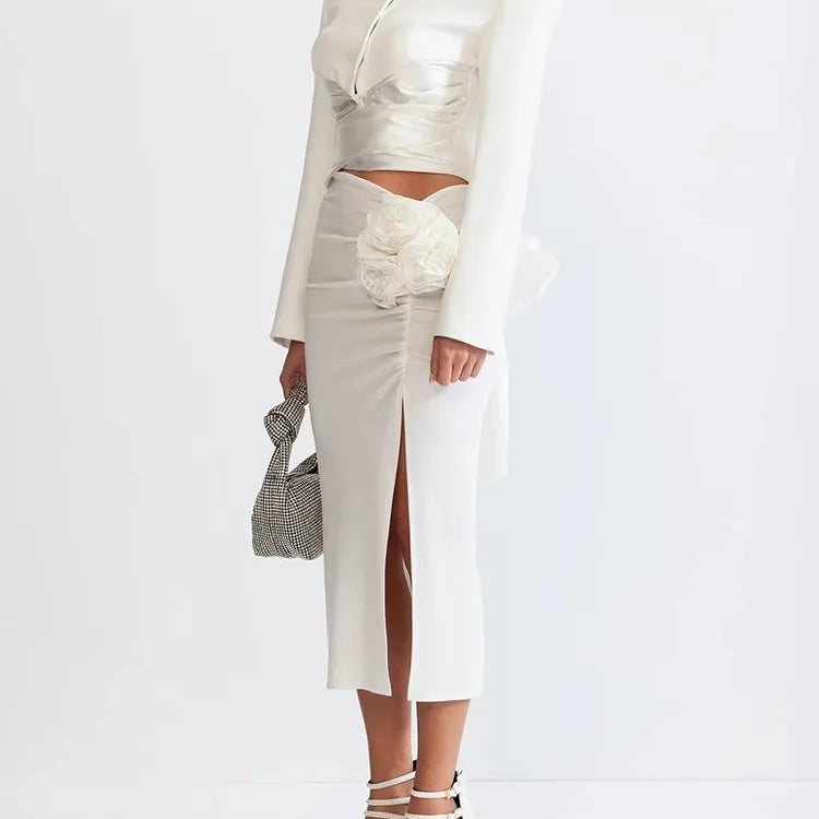 Chic Two Piece Set For Women Round Neck Long Sleeve Top High Waist Spliced Appliques Skirt Elegant Sets Female New