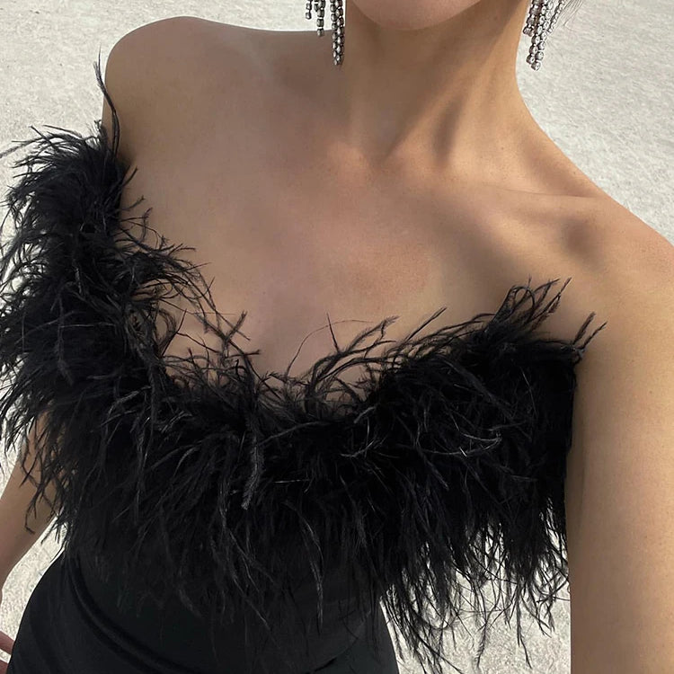 Woman Strapless Feather Design Dress For Party Chic Bodycon Bandage Black Long Dress Vestido