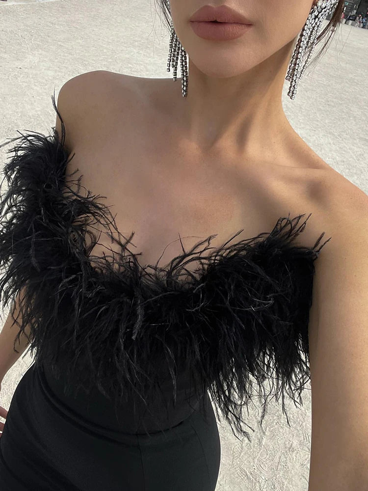 Woman Strapless Feather Design Dress For Party Chic Bodycon Bandage Black Long Dress Vestido