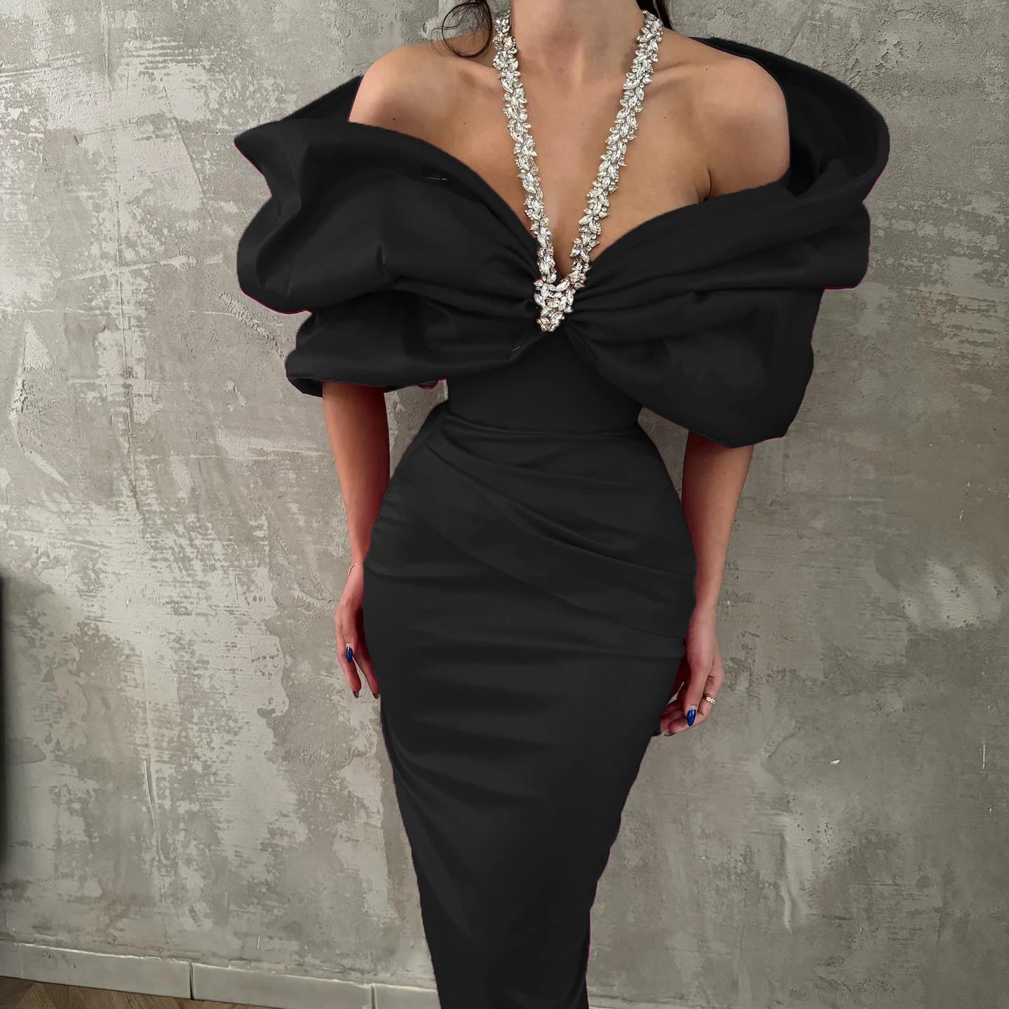 Red Black Women Sexy Halter Off the Shoulder Crystal Ruffles Bodycon Long Bandage Dress Nightclub Party Birthday Celebrate Wear black