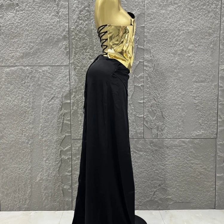 Hot Sale Discount Women Sexy Golden Tops Floor-length Skirt 2 Pieces Straight Dress Elegant Evening Party Celebrate Outfit