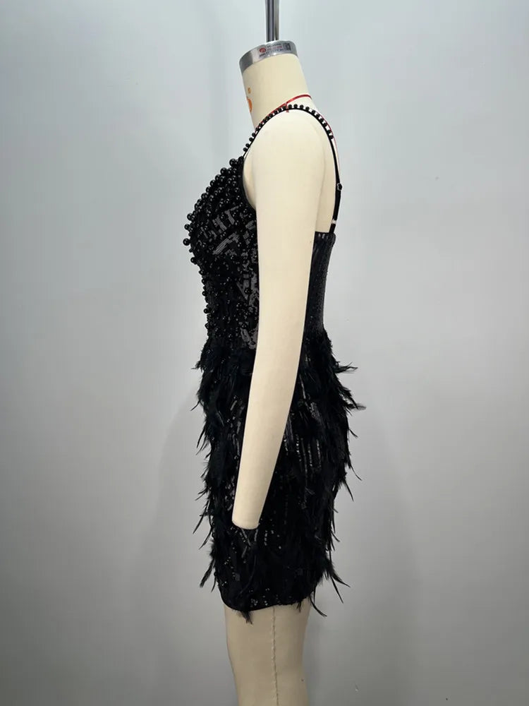 Sexy Sleeveless Backless Feather Black Pearl Sequins Mini Women Celebrity Dress 2024 Elegant Party Evening Club Vestido