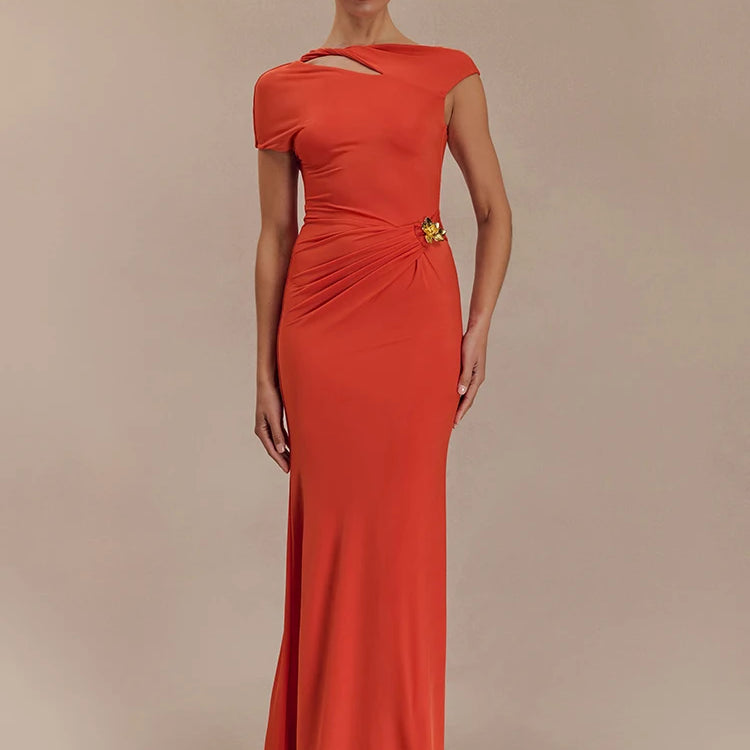 Mozision Hollow Out Gold Clasp Sexy Maxi Dress For Women Gown Solid Sleeveless Backless Ruched Bodycon Club Long Dress Elegant Orange