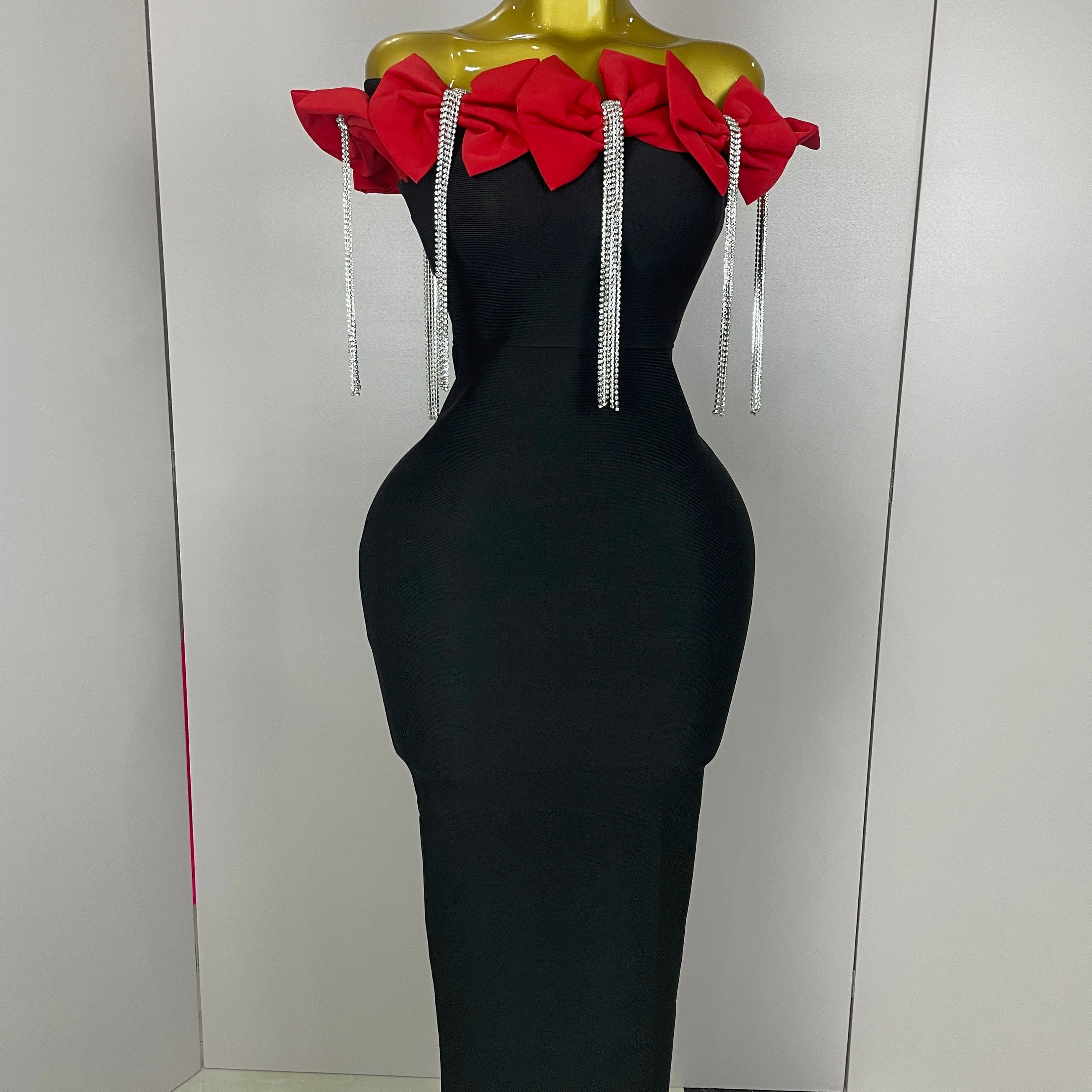 2025 Women Celebrity Sexy Off Shoulder Flower Diamonds Black Bow Tie Maxi Long XL Bandage Dress Elegant Evening Club Party Dress Red