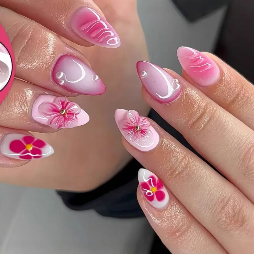 24pcs/set Medium fake nails for women girls 3D embossed flowers fruit shell rhinestones design Almond tips press on false nail 2730