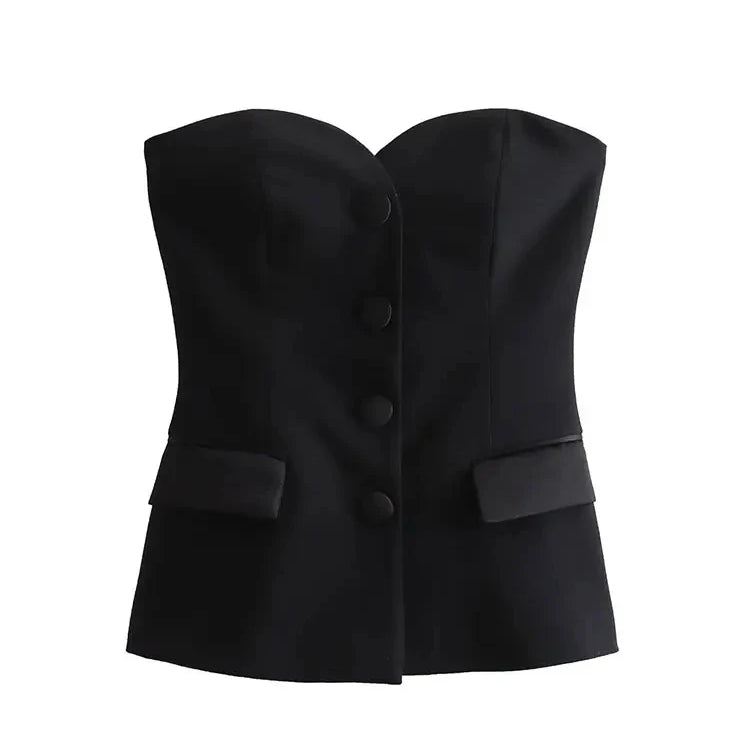 Nlzgmsj TRAF Black Crop Top Women Sexy Spliced Corset Top Female Heart Collar Backless Tops for Women Strapless Tube Tops Woman