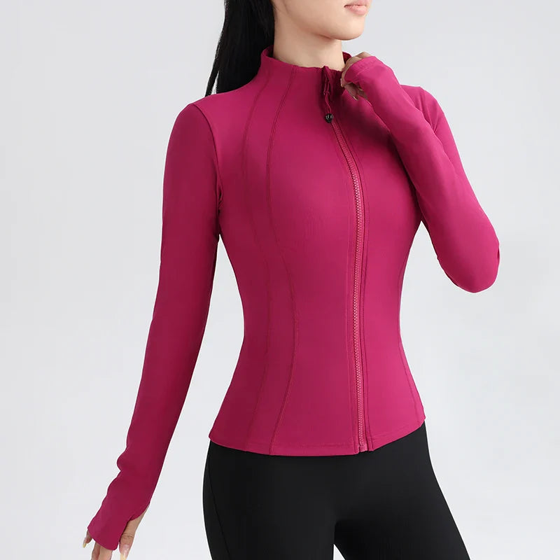 Gym Women's Full Zip Yoga Top With Thumbholes Fitness Running Jacket Stretch Fit Long Sleeve Round Neck Top Sportswear Rose red