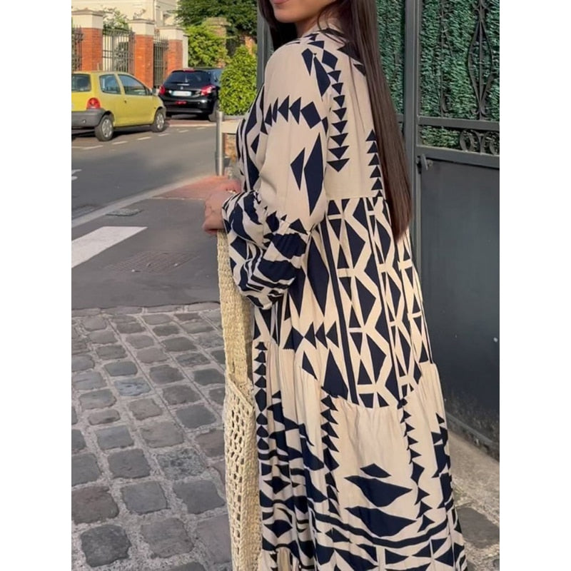 Women Print Shirt Maxi Dress Summer Vintage Boho Long Sleeve Pleated Dress Ladies Oversize Loose Buttons V Neck Dress Vestido
