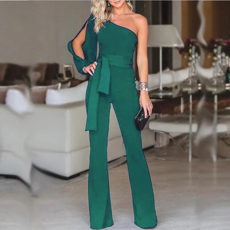 Summer New Women's High Waist Tie Up Solid Color Slim Fit Sexy Jumpsuit Slant Shoulder Elegant Banquet Women's Wear Green