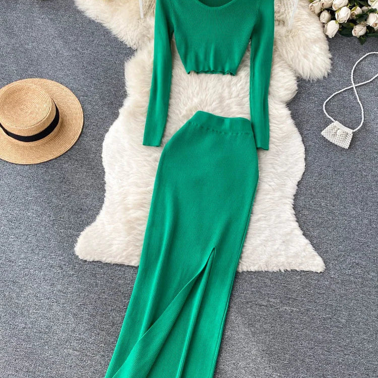 SINGREINY Autumn Sweater Two Pieces Suits Long Sleeves Knit Top+ Elatic Waist Slim Split Long Skirt Sets Women Warm Knitted Suit