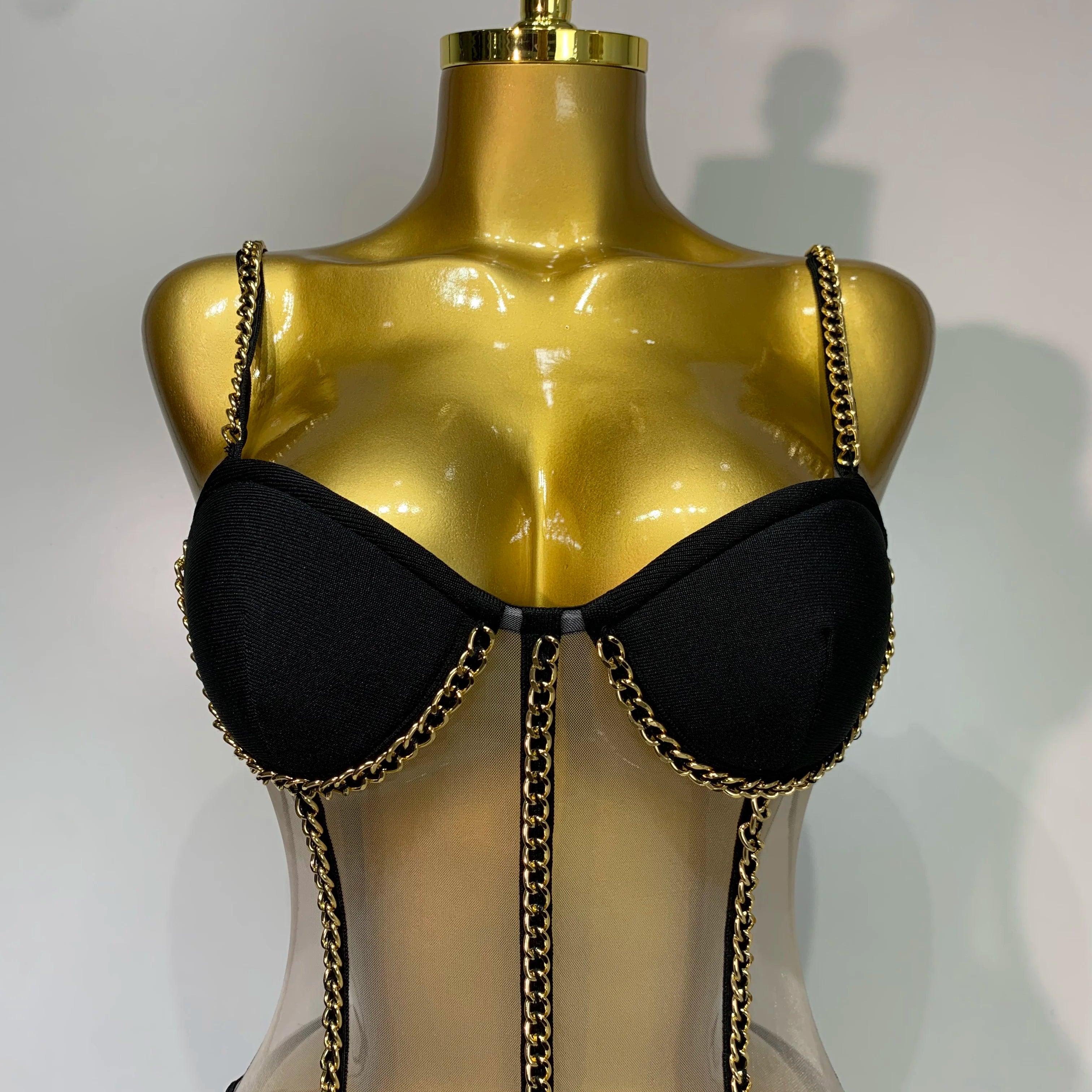 Women Luxury Sexy Sleeveless Mesh Chain Black Bodycon Bandage Jumpsuit 2025 Fashion Party Celebrity Designer High Street Rompers