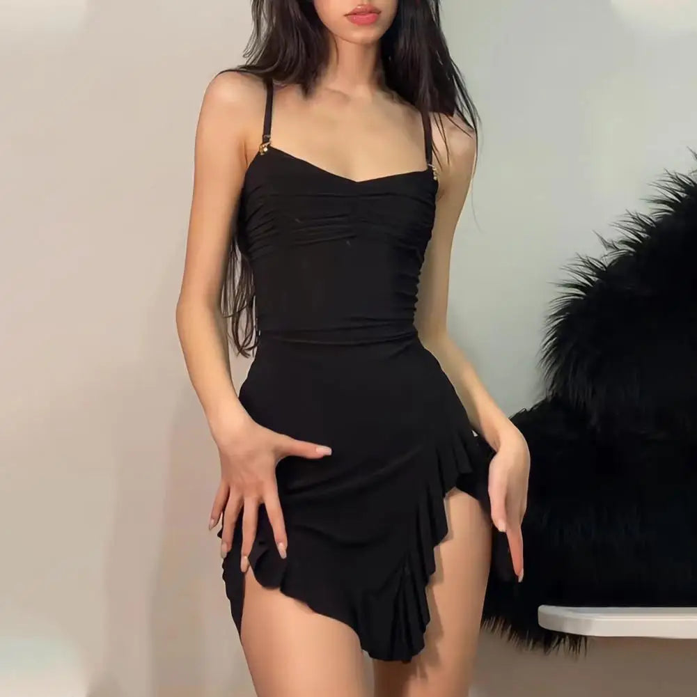 Summer Sexy Mini Dress Women Sleeveless Strap Streetwear Backless Folds Bodycon Split Black Dress Party Elegant A-LINE Dresses