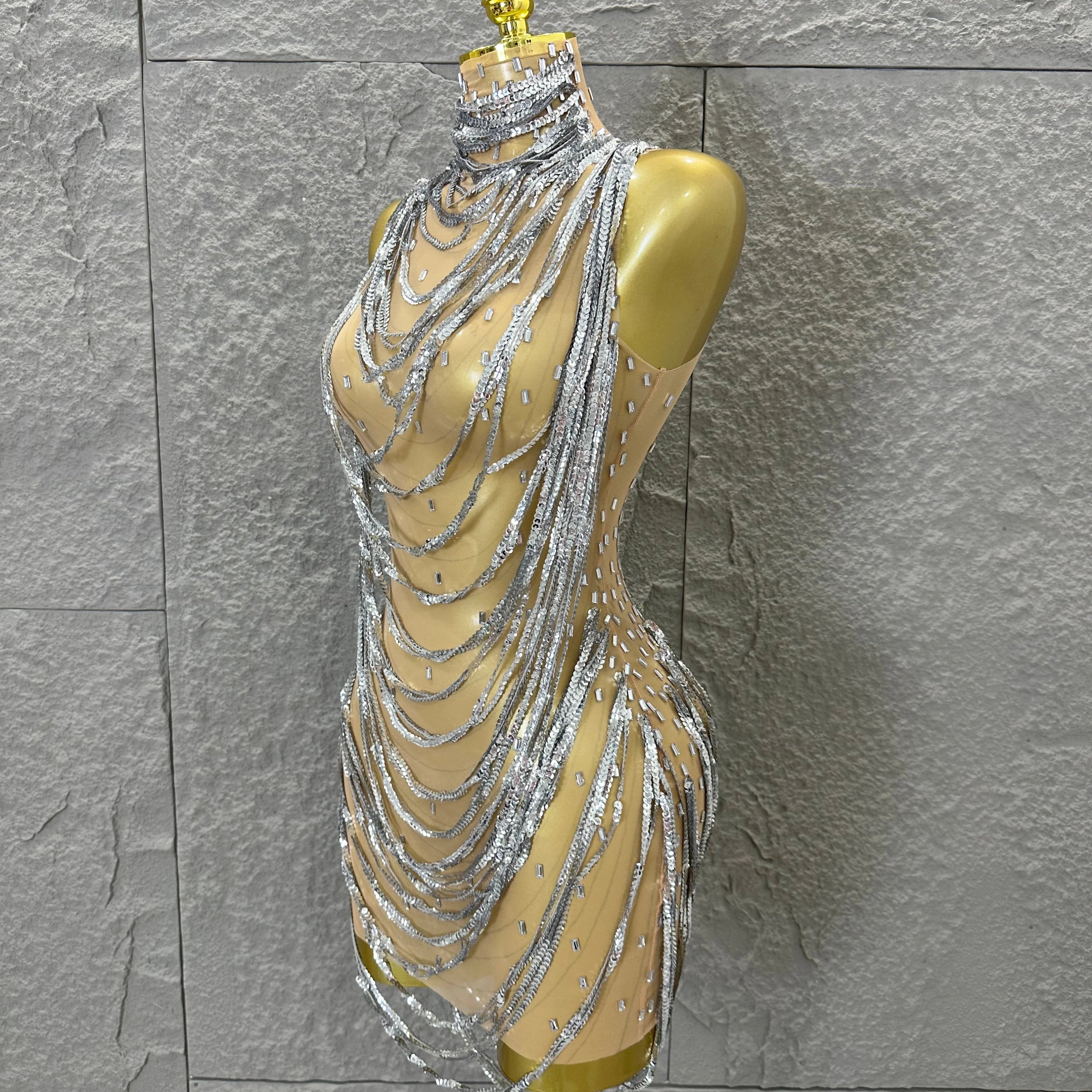 Glamorous Silver Sequined Layered Chain Mesh Dress Women Sexy High Neck Sleeveless Bodycon Stage Performance Costume