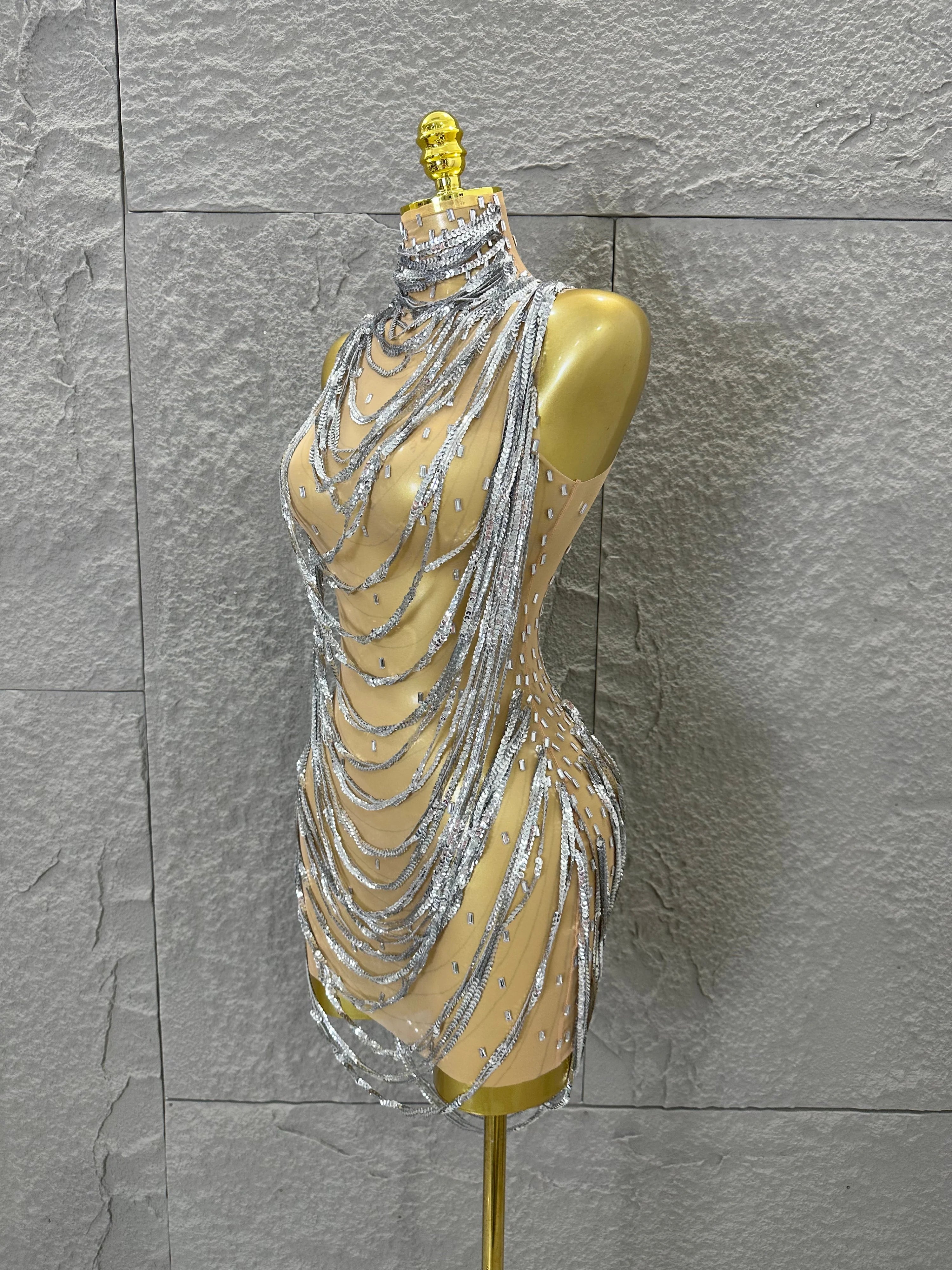 Glamorous Silver Sequined Layered Chain Mesh Dress Women Sexy High Neck Sleeveless Bodycon Stage Performance Costume