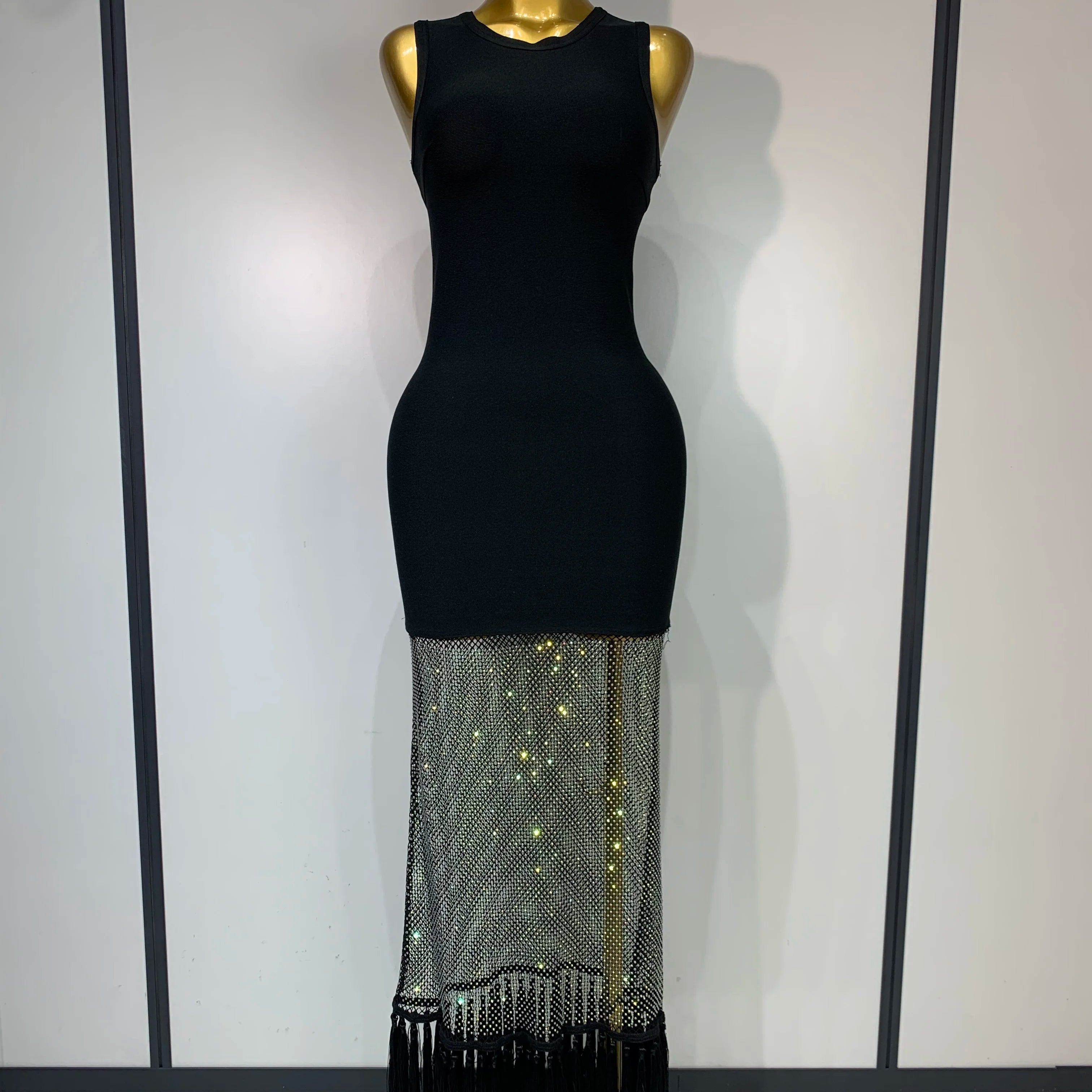 2025 New Fashion Black Sleeveless Sparkly Diamonds Tassel Bandage Dress Celebrity Cocktail Evening Party Luxury Birthday Gown black