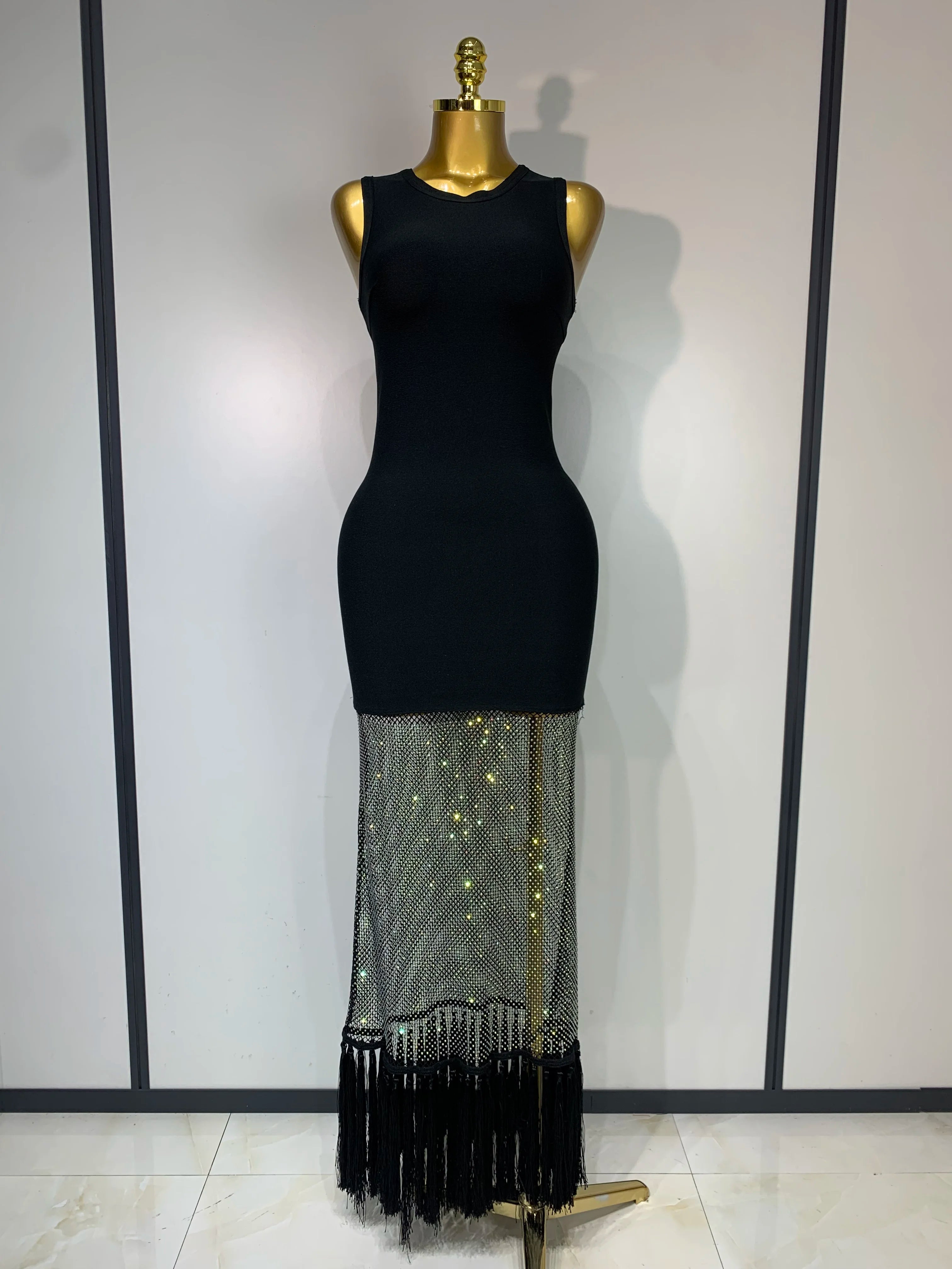 2025 New Fashion Black Sleeveless Sparkly Diamonds Tassel Bandage Dress Celebrity Cocktail Evening Party Luxury Birthday Gown black