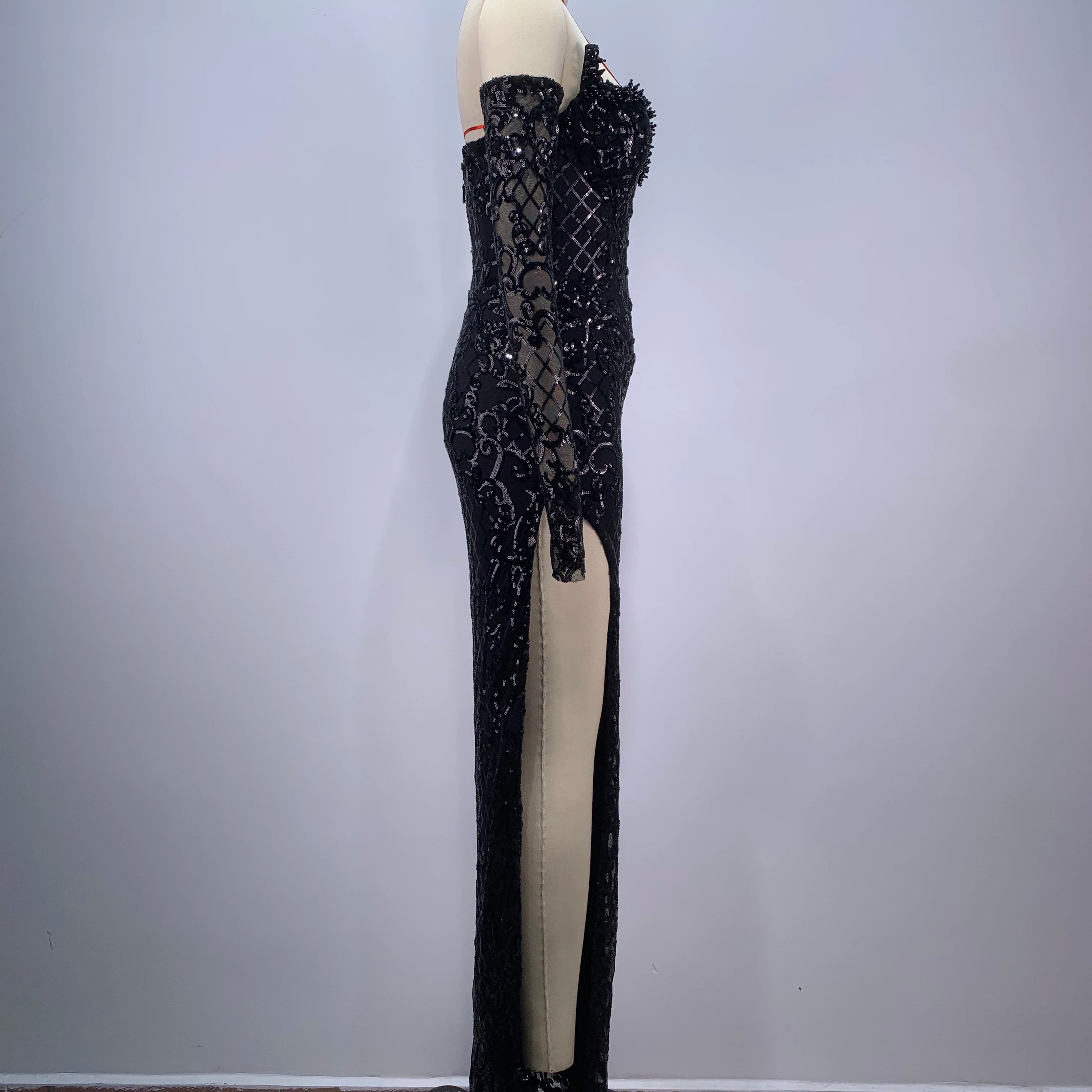 2024 Black Color Women Sexy Shinning Sequins High Split Bodycon Long Dress Gloves Celebrate Evening Party Prom Dress