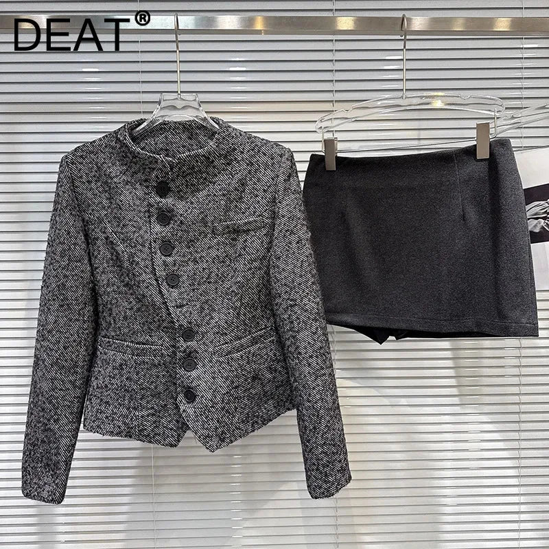 Winter New High-End Diagonal Button Woolen Cotton-Padded Short Coat For Women Black A-line Skirt Female 11A07682