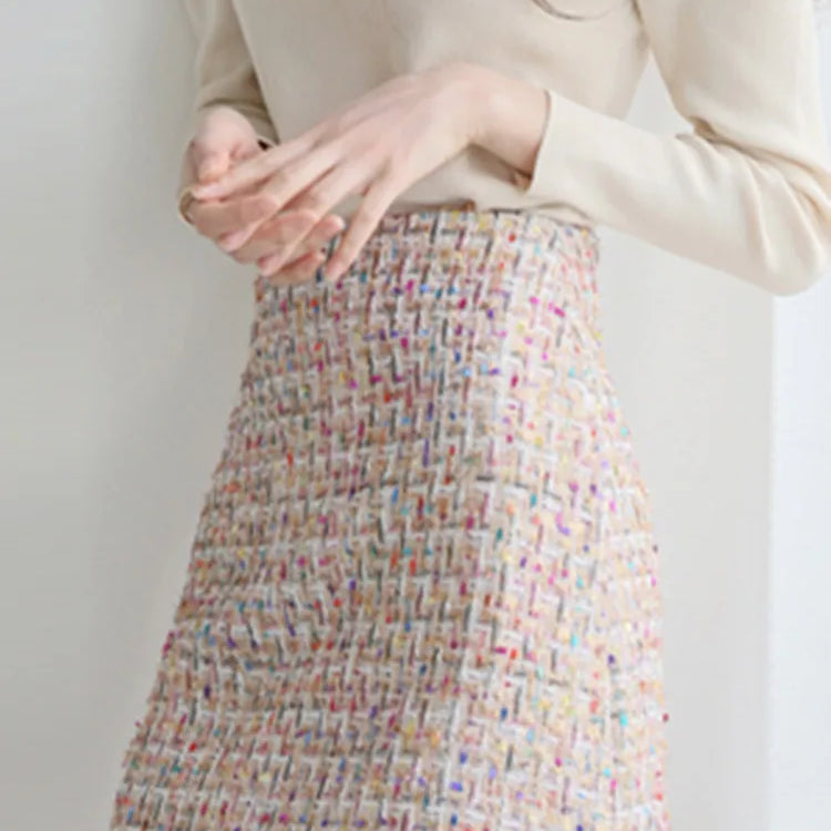 Autumn Women's Multicolored Gold Thread Woven Tweed A-line Skirt High Street All Match Slim Mini Skirts Ropa Mujer