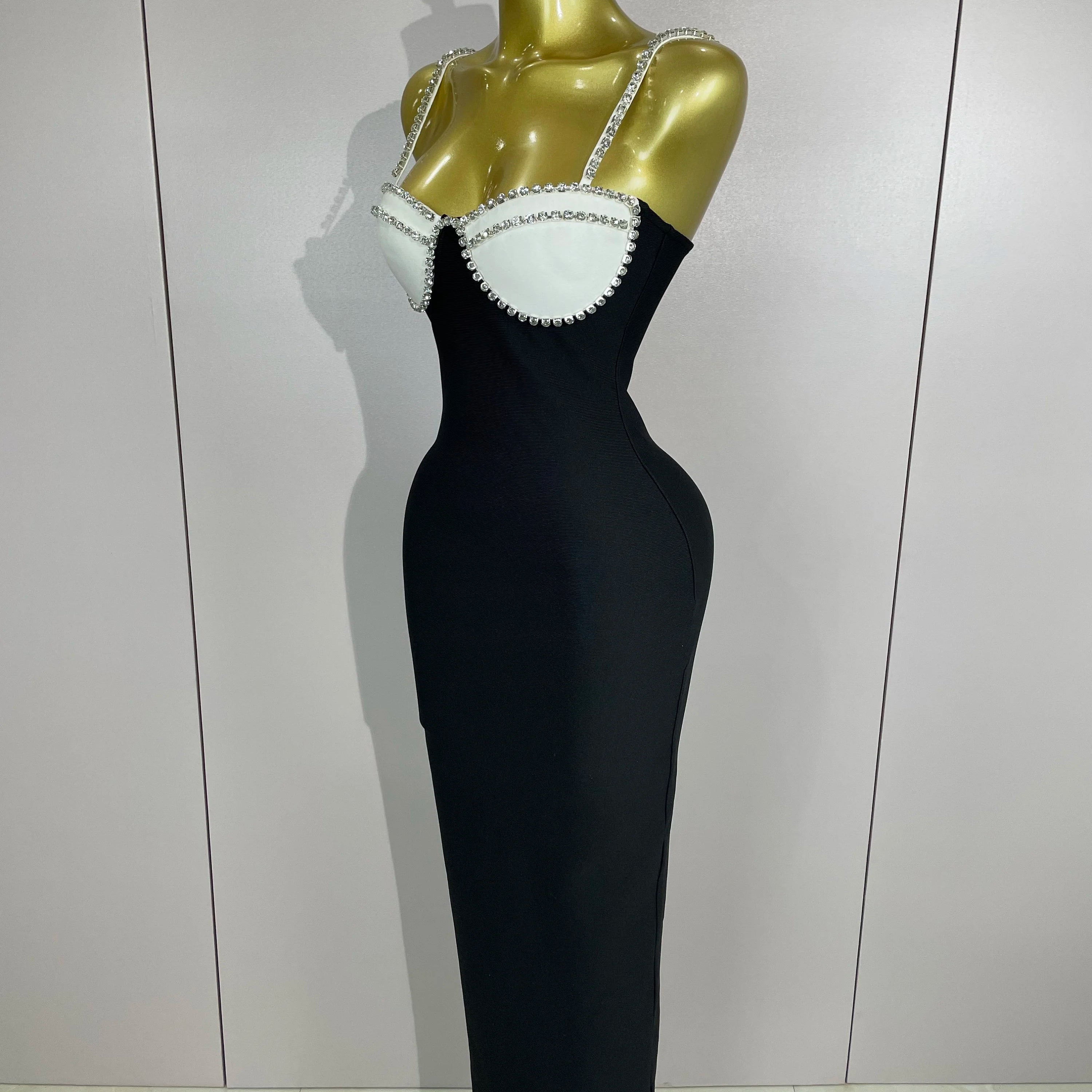 2025 Women Celebrity Sexy Backless Diamonds Patchwork Black Red Maxi Long Bodycon Bandage Dress Elegant Evening Club Party Dress