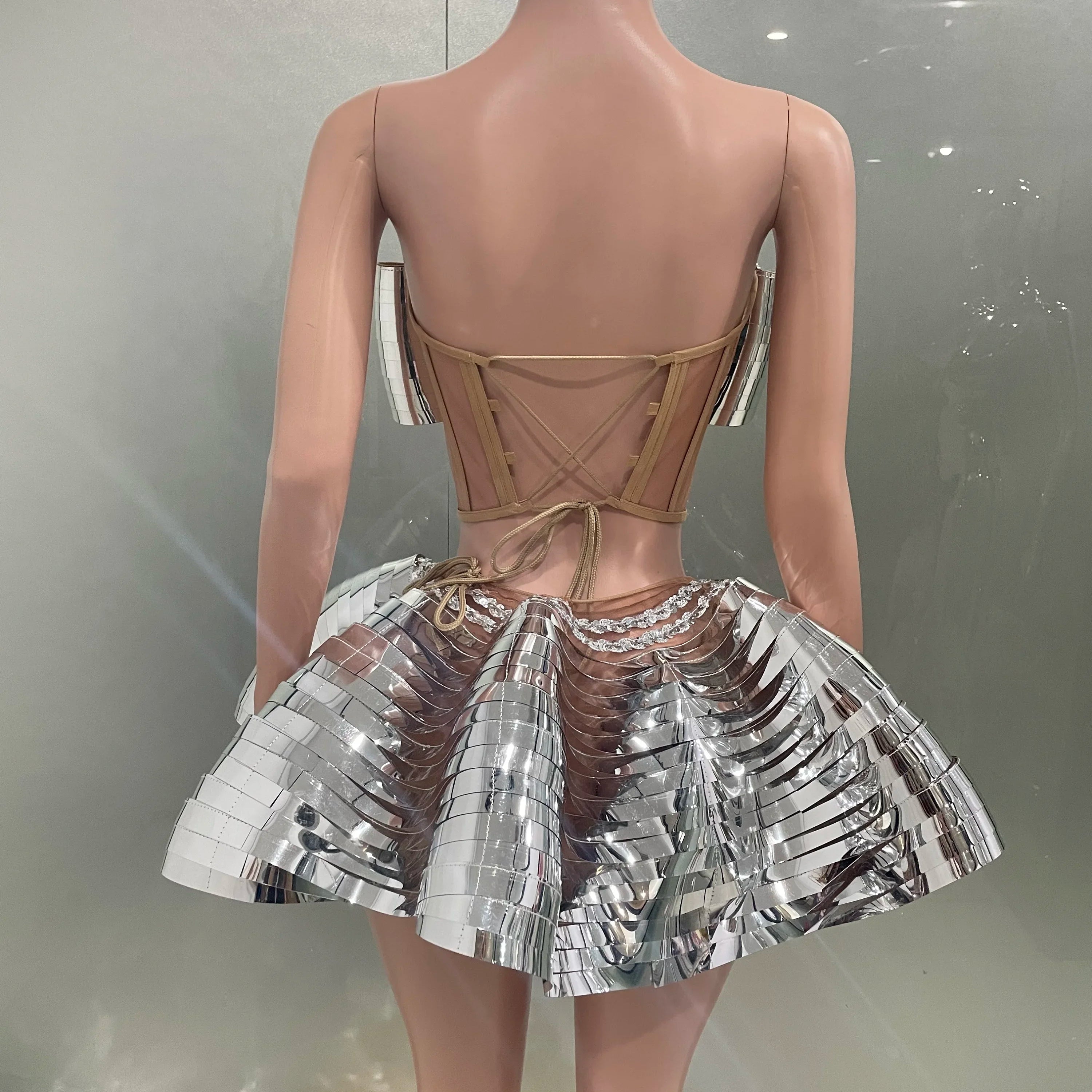 Sliver Mirror Surface Woman Set Stereoscopic Bows Strapless Tops And UFO Mini Skirt 2 Pieces Party Outfit Performance costume